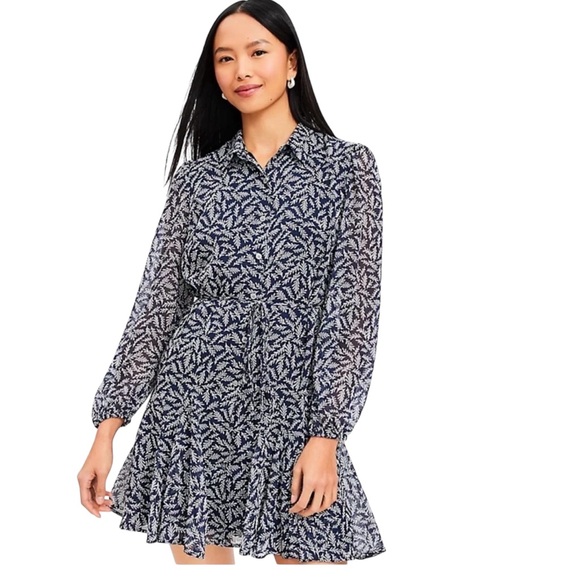 LOFT Dresses & Skirts - Loft Navy White Leaf Print Shirt Dress Size XS NWTS Sheer Long Sleeve Tie Waist